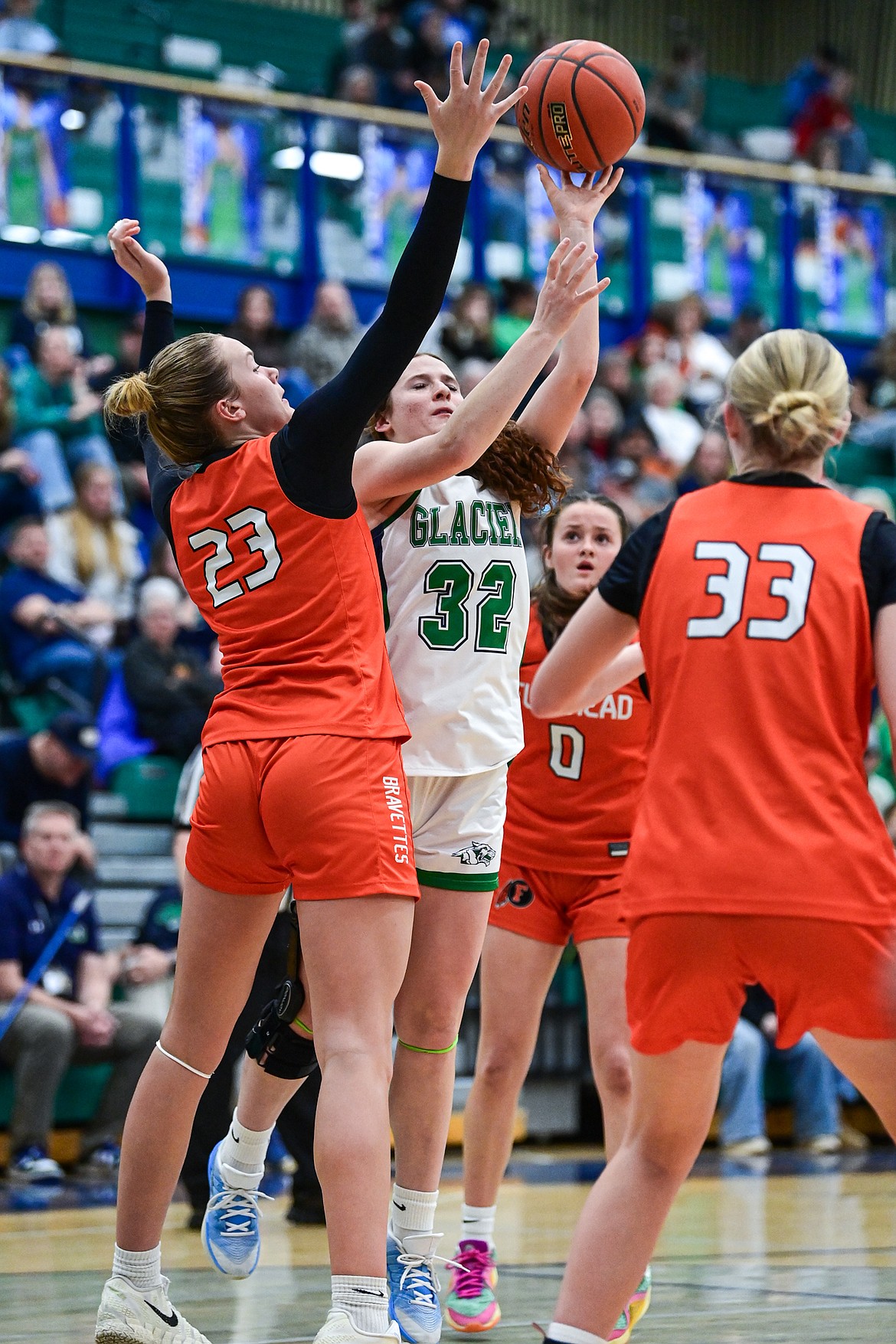 Glacier's Cadence Daniels (32) shoots in the second quarter against Flathead at Glacier High School on Thursday, Feb. 19. (Casey Kreider/Daily Inter Lake)