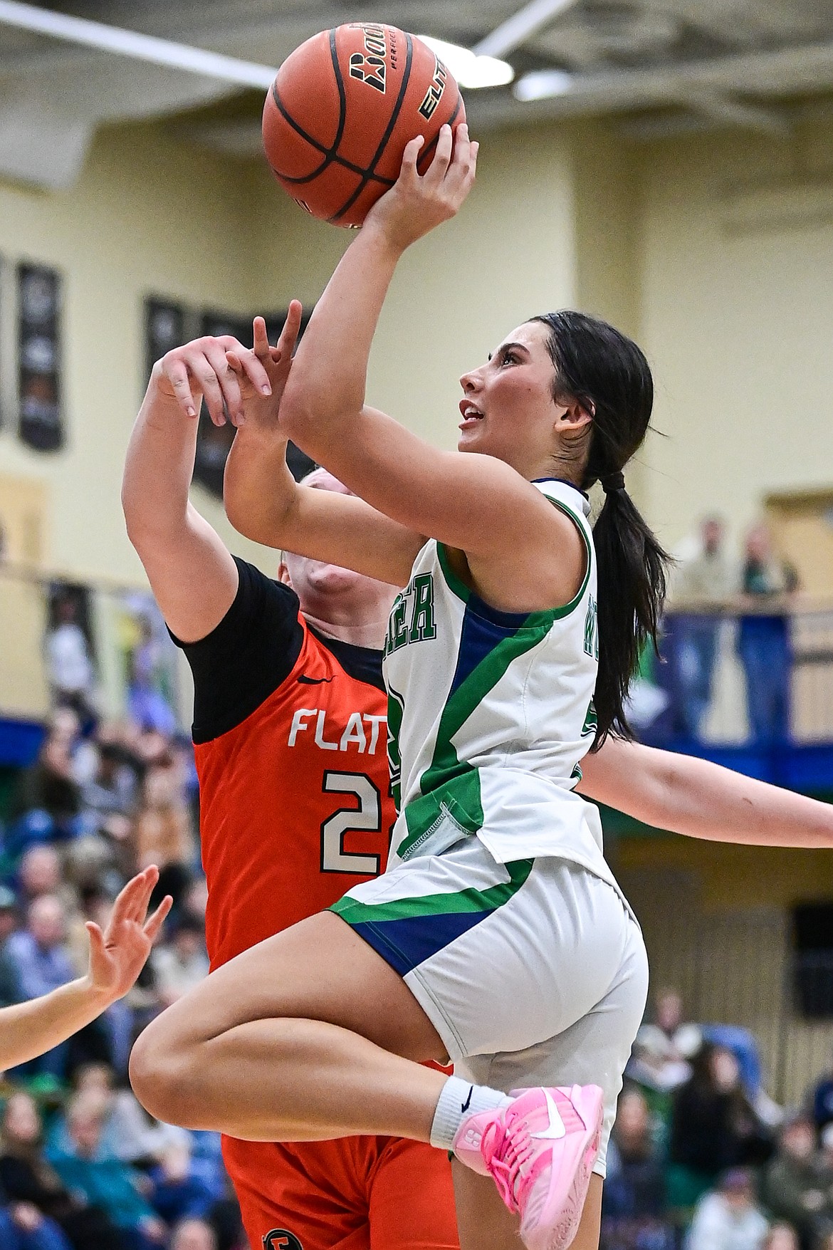 Glacier's Nika Wangerin (3) drives to the basket in the second quarter against Flathead at Glacier High School on Thursday, Feb. 19. (Casey Kreider/Daily Inter Lake)