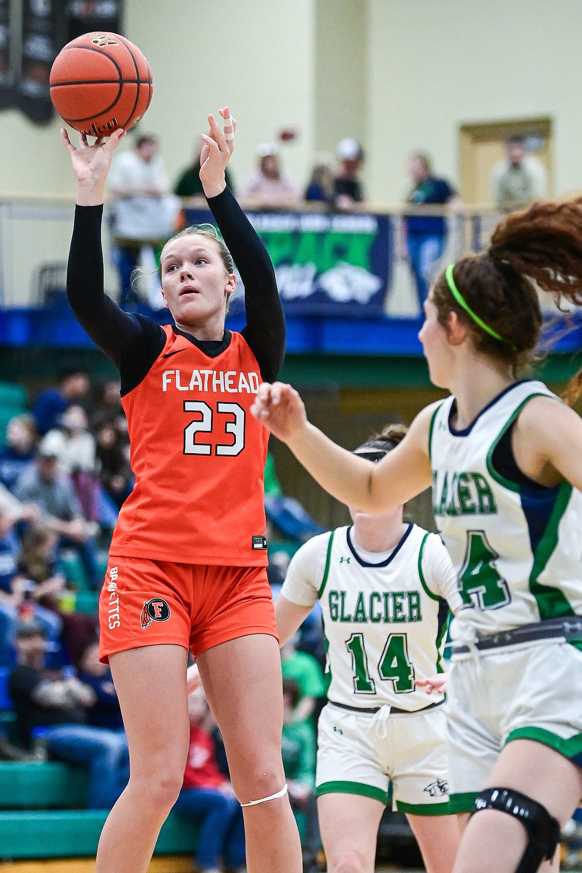 Flathead's Grace Gall (23) knocks down a jumper in the third quarter against Glacier at Glacier High School on Thursday, Feb. 19. (Casey Kreider/Daily Inter Lake)