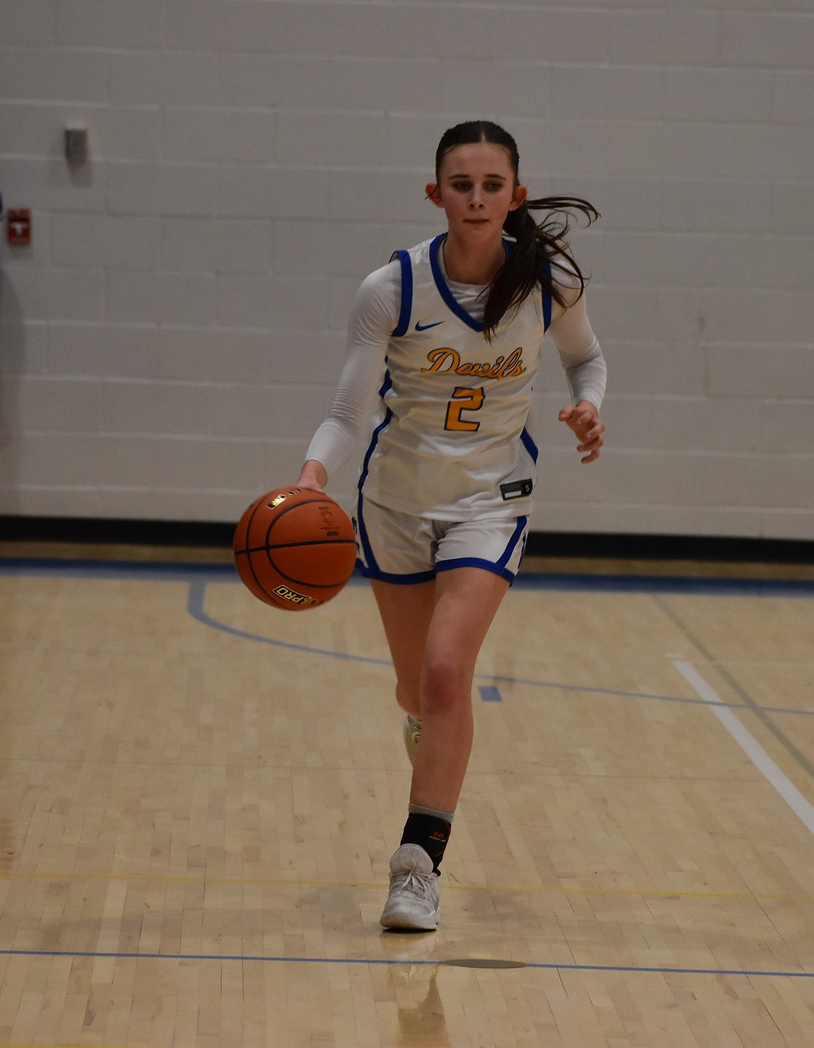 Devils sophomore Kaydence Leslie moves the ball down the court during a home game earlier this season. Leslie shot 19 points Tuesday.