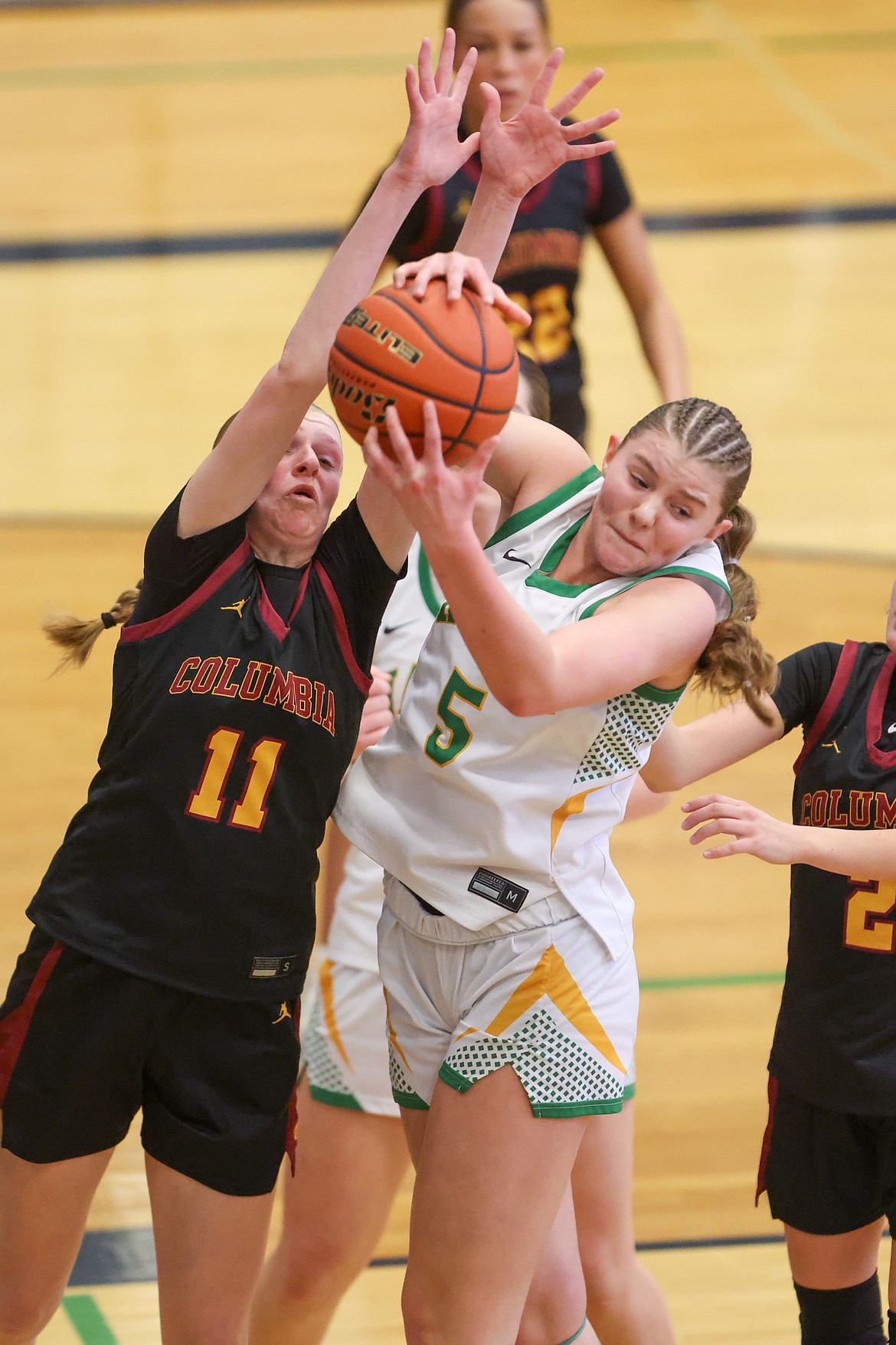JASON DUCHOW PHOTOGRAPHY
Lakeland sophomore Anabel Bowie pulls down a rebound in a crowd of Columbia players during the second half of Thursday's state 5A girls basketball tournament game at Mountain View High in Meridian.