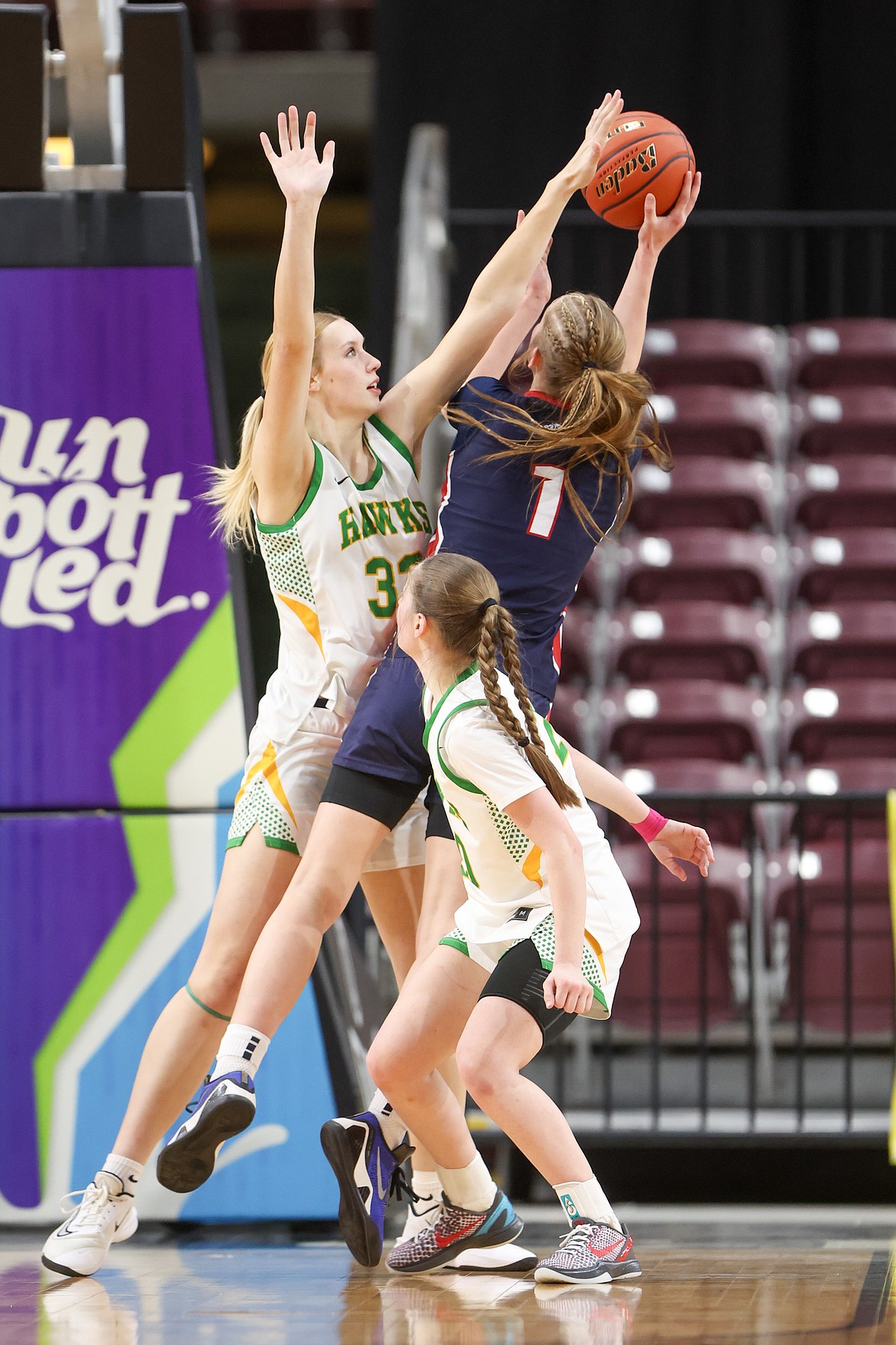 JASON DUCHOW PHOTOGRAPHY
Lakeland junior forward Mariana Bullington blocks the shot of Pocatello senior guard Abby Lusk during the second half of Friday's state 5A girls basketball semifinal game at the Ford Idaho Center in Nampa.