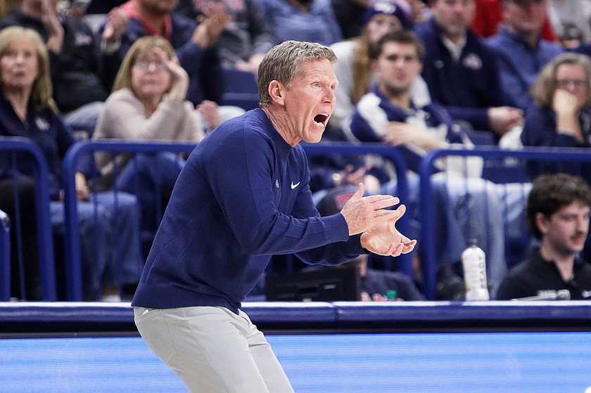 Gonzaga head coach Mark Few reacts during the first half of an NCAA college basketball game against Pacific, Saturday, Feb. 21, 2026, in Spokane, Wash.