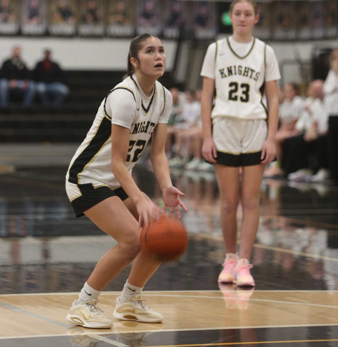Knights junior Graycie Kast gets ready to shoot a free throw earlier this season. Kast led the team with 15 points scored during the district championship game against Zillah.