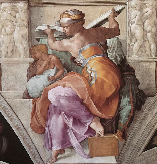 The finished fresco of the Lybian Sybil in the Sistine Chapel.