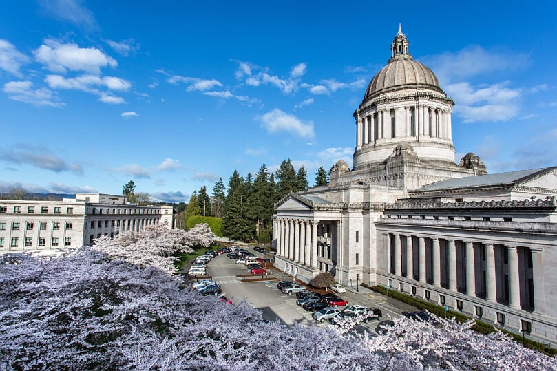 The state capitol campus in Olympia, shown here in 2023, is busy this month and into the first part of next month as legislators continue to negotiate on a variety of legislation. Among the bills being considered are supplemental budgets proposed in the House and Senate.
