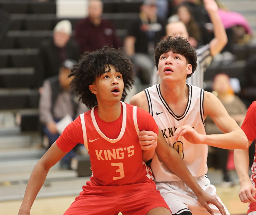 Manny Ruvalcaba (0) eyes a rebound but is blocked out by a King’s defender. The Royal Knights suffered a 48-47 loss after almost pulling off a late comeback in the fourth quarter.