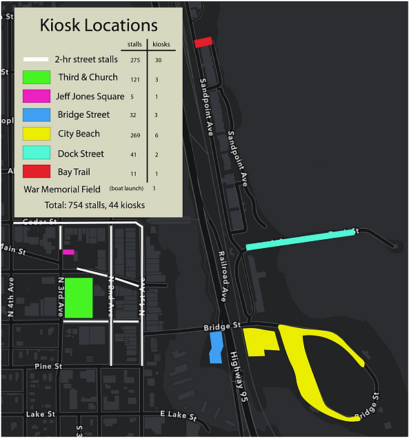 A layout of where the kiosks would go in downtown Sandpoint.