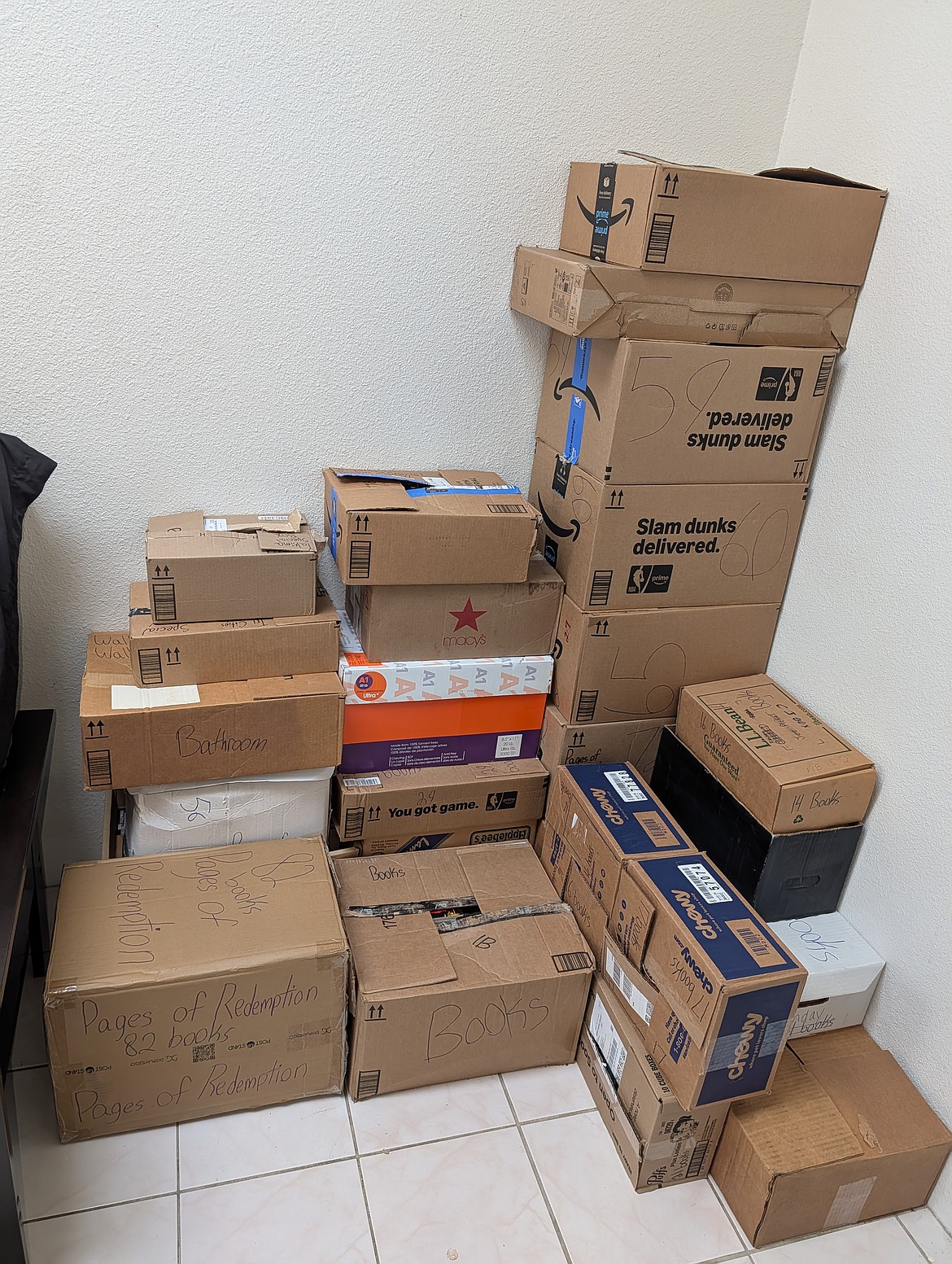 A stack of more than 1,200 books ready to be donated through Pages of Redemption.