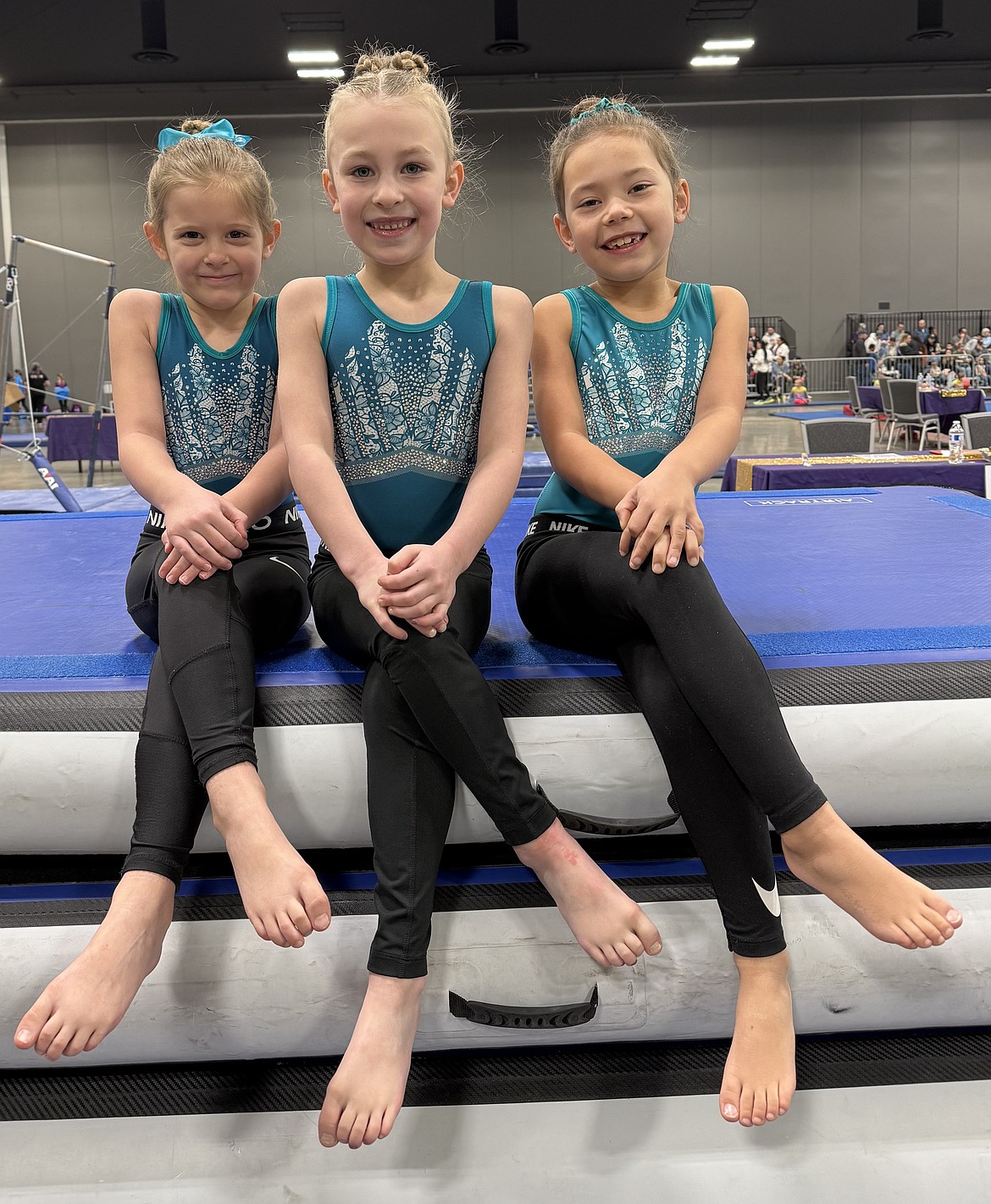 Courtesy photo
Technique Gymnastics' Level 2s attended the Royal Festival in Spokane last weekend. From left: Freya Moyer had a high score of 7.9 on bars; Brielle Colson 5th on vault, 3rd on bars 8.6, 4th on beam, 3rd on floor, and 4th all-around; and Eve Troutman 6th on bars 8.45, and 5th on floor.