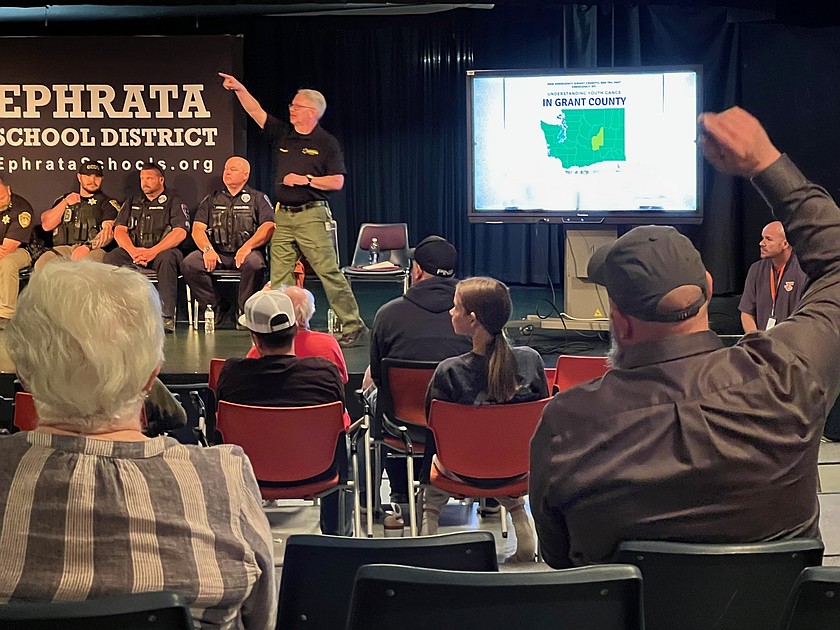 Kyle Foreman with the Grant County Sheriff's Office moderates the 2025 Town Hall Meeting: Understanding Youth Gangs. The panel included members of the Ephrata Police Department, Grant County Sheriff's Office and Ephrata School District administrators. A similar event will be held this spring.