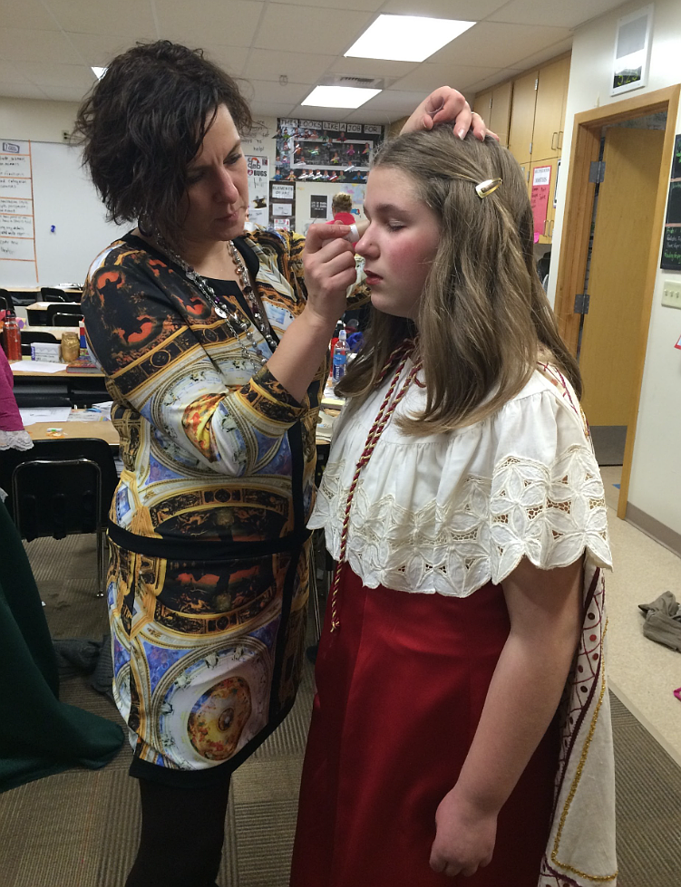 Brooke Wood, a co-director of the Sorensen Theater Team, works on Elisabeth Edmonds' makeup for "A Christmas Carol" in 2015. Edmonds, now 22, is studying theater at Seattle Pacific University.