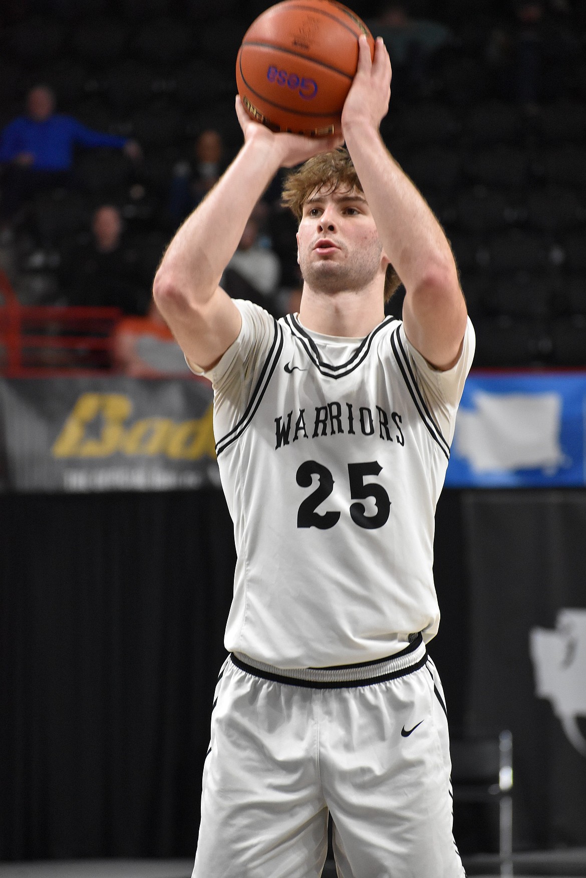 ACH junior Max Grindy takes a shot at a free throw during the third/fifth place game against DeSales in the 1B state tournament Saturday morning.
