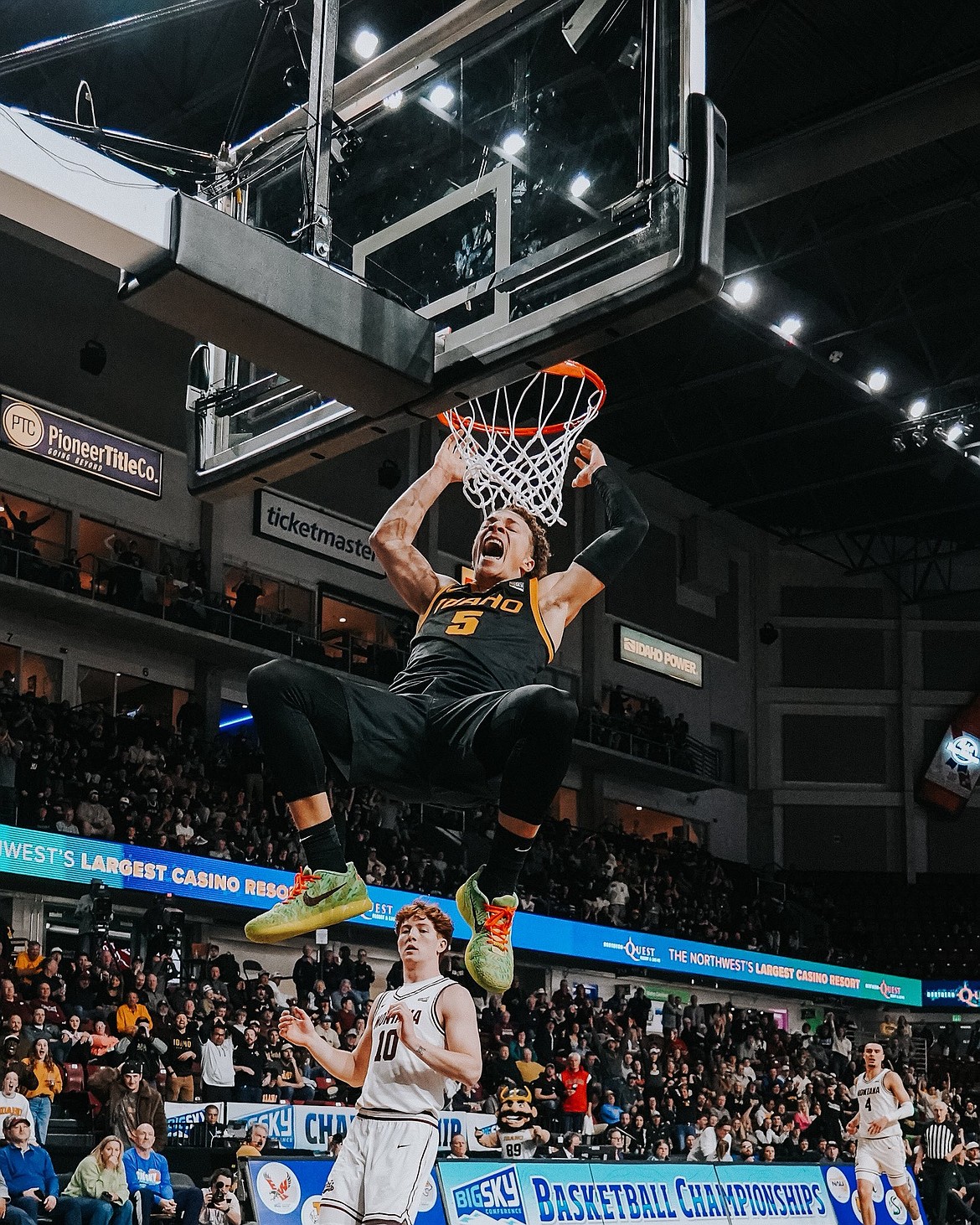IDAHO BASKETBALL via X
Idaho senior guard Isaiah Brickner slams the ball during the first half of Wednesday's Big Sky Conference Championship game against Montana at Idaho Central Arena in Boise. Idaho beat Montana 77-66 for the program's first trip to the NCAA Tournament since 1990.