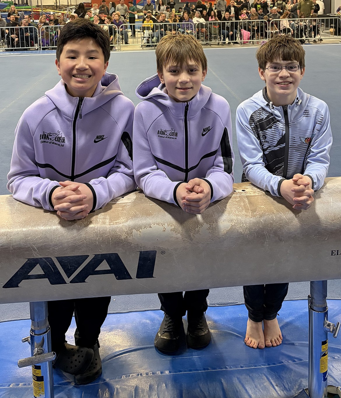 Courtesy photo
Avant Coeur Gymnastics Level 7s and 8s at the Idaho State Men's Championships in Meridian. From left are Preston Pool, Yakym Teteria and Paxton Wenegler.