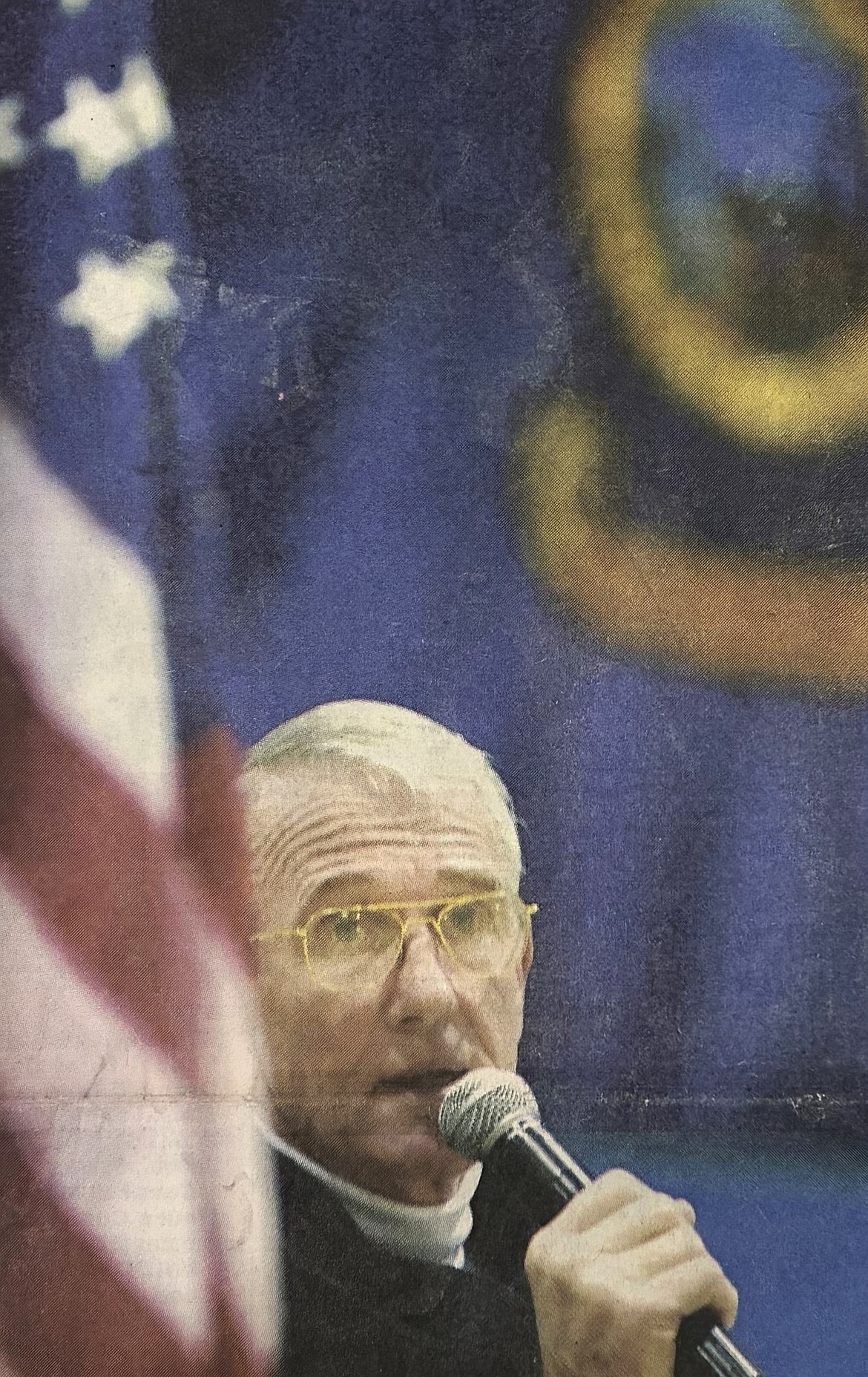 Retired Maj. Gen. Denny Hague of the Washington Air National Guard speaks at a Coeur d’Alene High assembly for Veterans Day 2000.