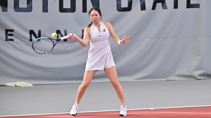 WSU’s Yura Nakagawa prepares to hit the ball back over the net during the Saturday matchup against Eastern Washington’s Veronika Gayevyk.