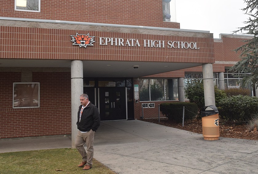 Ephrata School District Assistant Superintendent Aaron Cummings stands near the entrance of Ephrata High School. ESD and Design West have put together a timeline on the roof repairs at the high school, which should see completion near the start of the school year.