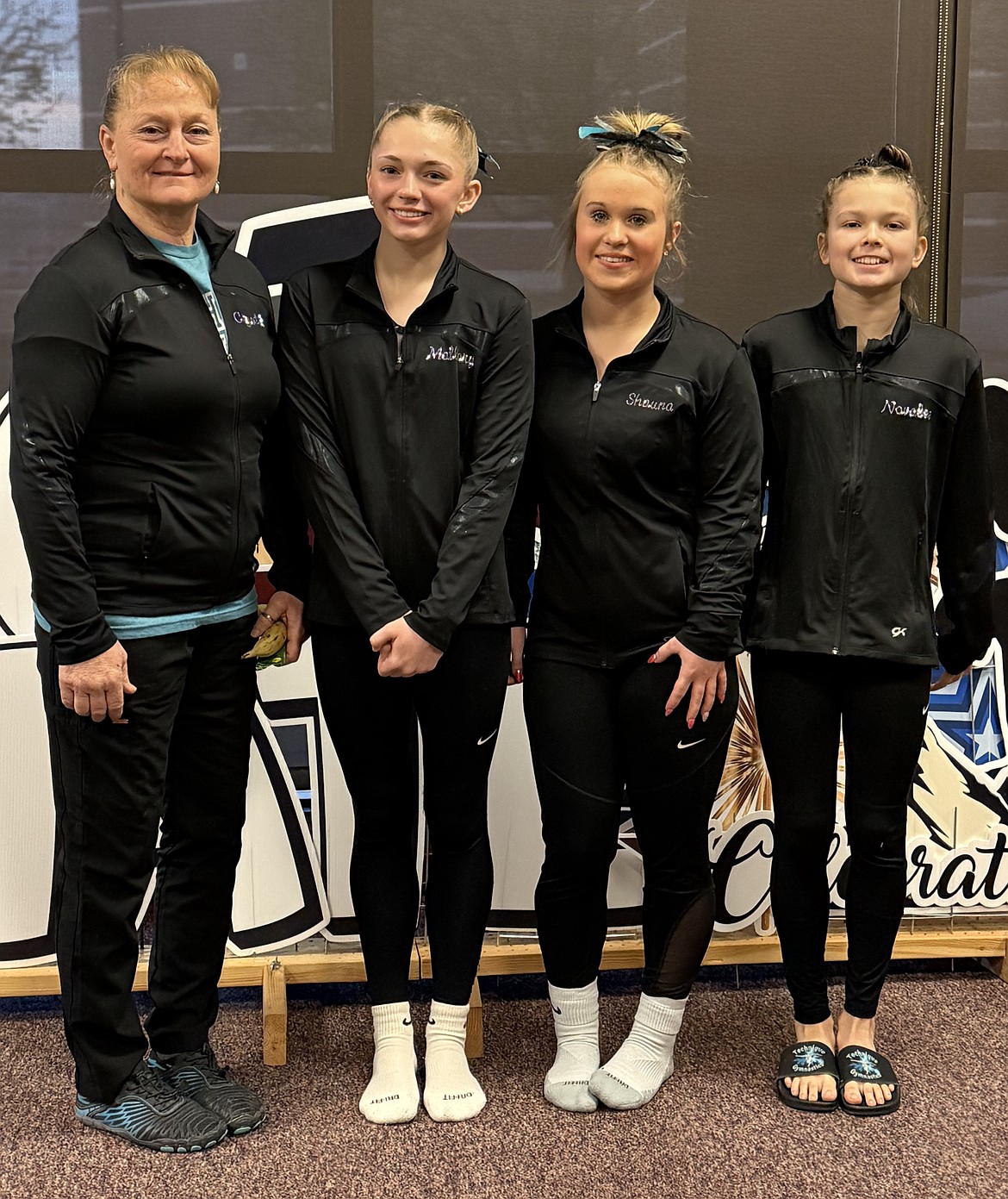 Courtesy photo
Technique Gymnastics Level 7s attended the Idaho Devo State Championship in Kuna. From left are coach Crystal Tonto; Mallory Secord was the State Champion on balance beam with a score of 9.2; Shauna Clark was the Bronze Medalist on vault and floor with the score of 9.425, and the Bronze All-Around Medalist with a 36.45, she was also 7th on bars 8.65, and 6th on beam 8.95; Novalee Brock is the State Beam Champion with a 9.35, she is the Silver Medalist on vault 9.45 and All-Around 37.375, she was also 6th on bars 9.225, and 4th on floor 9.35. All three gymnasts have qualified for Regionals.