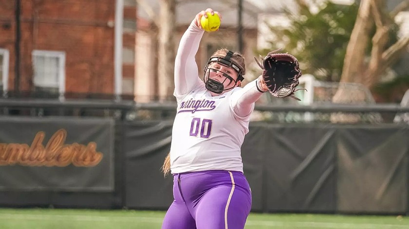 Sophia Ramuno from UW pitches the ball during a game against Loyola earlier this week. The Huskies remain on the road as they face Iowa this weekend.