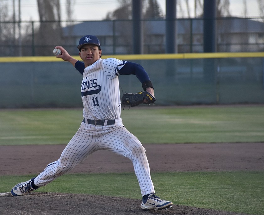 Ricardo Leon Guerrero II from the Vikings pitches during the final inning of game two against Wenatchee Valley Wednesday afternoon.