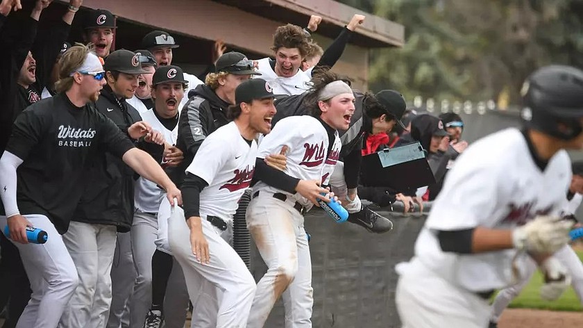 The Wildcats in the dugout pop off as they celebrate a walk off victory after Lance Mittleman ripped a liner up the middle and Conrad Henkel scored.