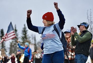 People attend the No Kings rally organized by Flathead Democracy at Grouse Mountain Fields in Whitefish on Saturday, March 28, 2026. Events were held in all 50 states to protest the Trump administration. (Matt Baldwin/Daily Inter Lake)