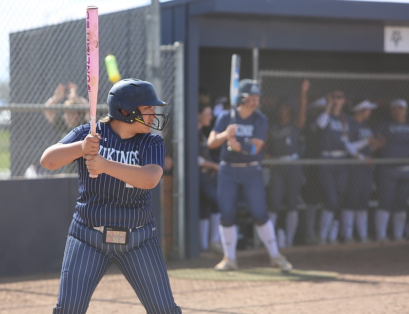 The Lady Vikings’ Jaeda Gonzalez (24) steps up to bat for Big Bend Saturday. The Vikings suffered back-to-back losses in their doubleheader against Treasure Valley at home Saturday.