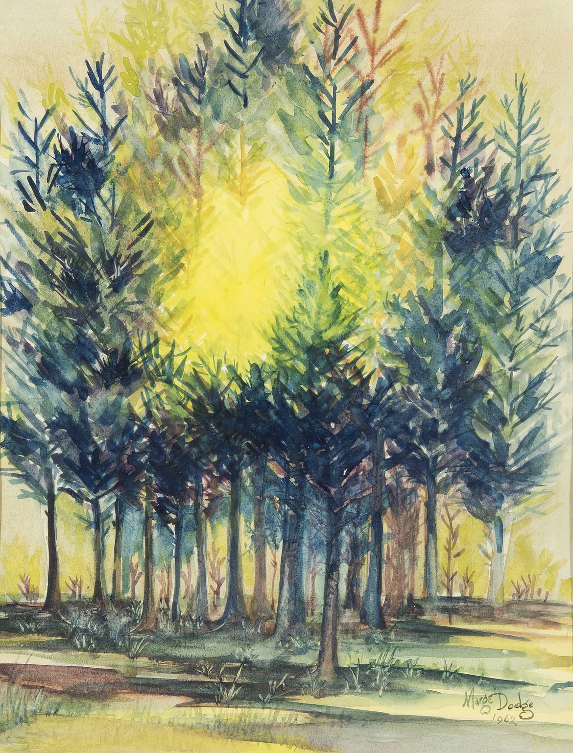 Tree Thesis Series, Blue Trees With Sun, 1962, watercolor on paper (Courtesy of the Marge Dodge Estate)
