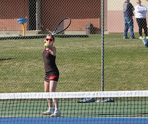 The Broncos’ Marissa Lane, in black, prepares her next serve. The Lind-Ritzville/Sprague Broncos suffered a 5-0 road loss to Reardan Wednesday.