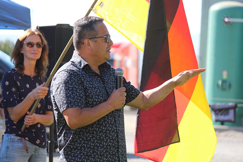 Alex Ybarra talks to the crowd during an event in Quincy. Ybarra, currently in the House of Representatives, announced his candidacy for the state Senate Thursday.