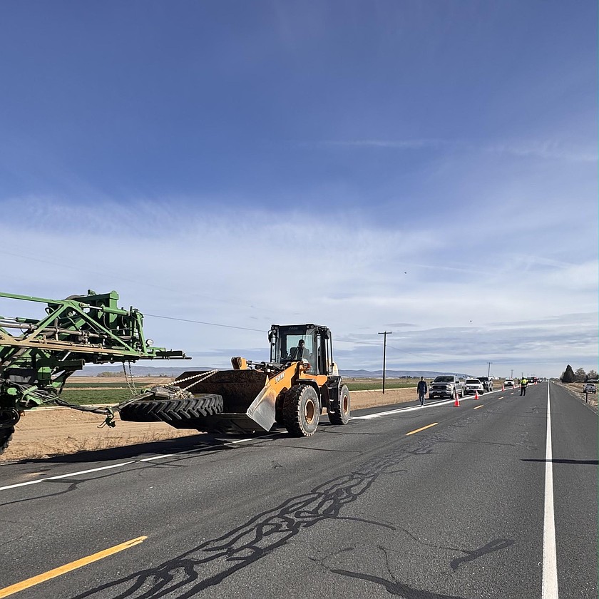 A pickup versus farm implement crash on State Route 282 is leading to traffic delays.