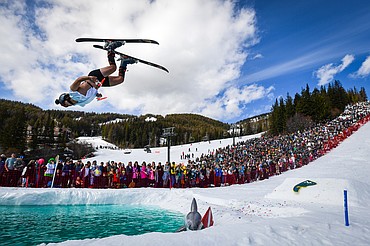 Skiers and snowboarders end the season with a trip across the pool at Whitefish Mountain Resort's pond skim competition on Saturday, April 4. (Casey Kreider/Daily Inter Lake)