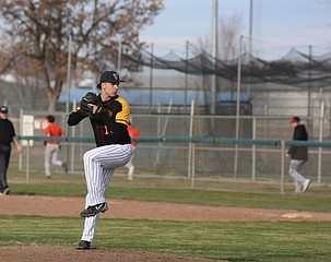 The Moses Lake Mavericks’ Kolby Lyons (10) throws a pitch against Kennewick earlier this season. The Mavs are on a six-game winning streak.