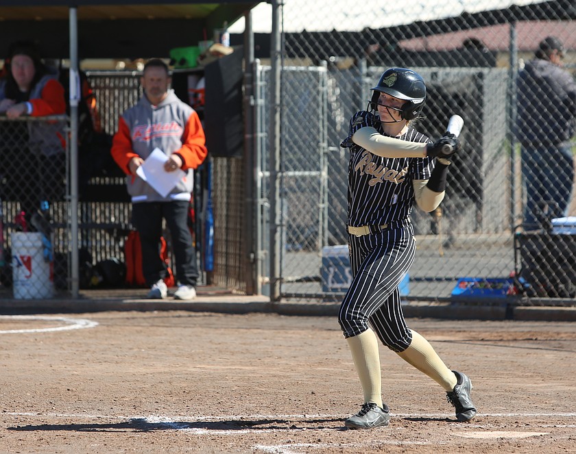 The Royal Knights’ Sarah Bergeson (1) steps into her swing against Zillah earlier this season. The Knights are currently 8-1 at the midpoint of the season.