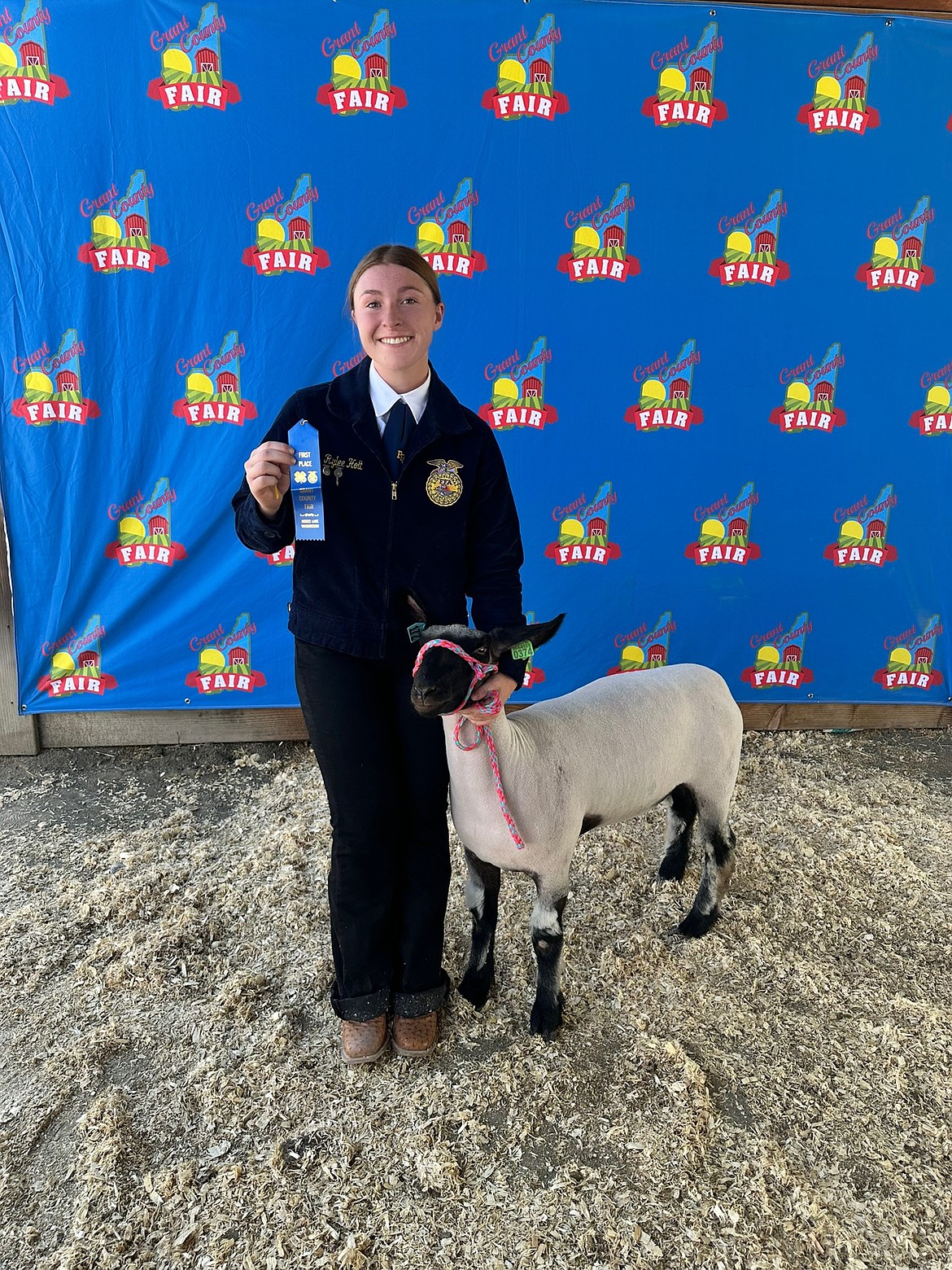 Rylee Holt gets first place at the 2025 Grant County Fair with her sheep. This was her third year showing sheep.