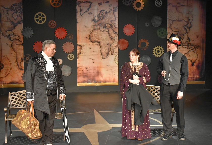 From left: Passepartout (Patrick Rosman), Princess Aouda (Kristina Allman) and Phileas Fogg (Blane Schafer) circle the globe in the Masquers Theater production of “Around the World in 80 Days,” opening Friday.