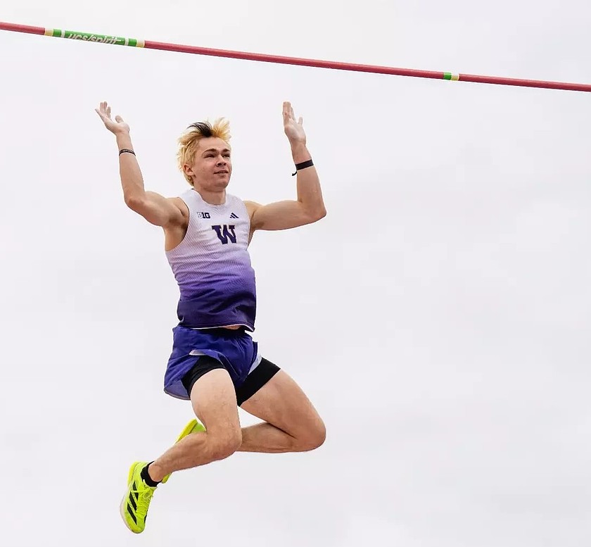 UW senior Jimmy Rhoads won the Texas Relays pole vault title in Austin, TX during the Texas Relays meet April 4. The Huskies spread across two meets this week with the Mt SAC Relays and the Bryan Clay Invitational.