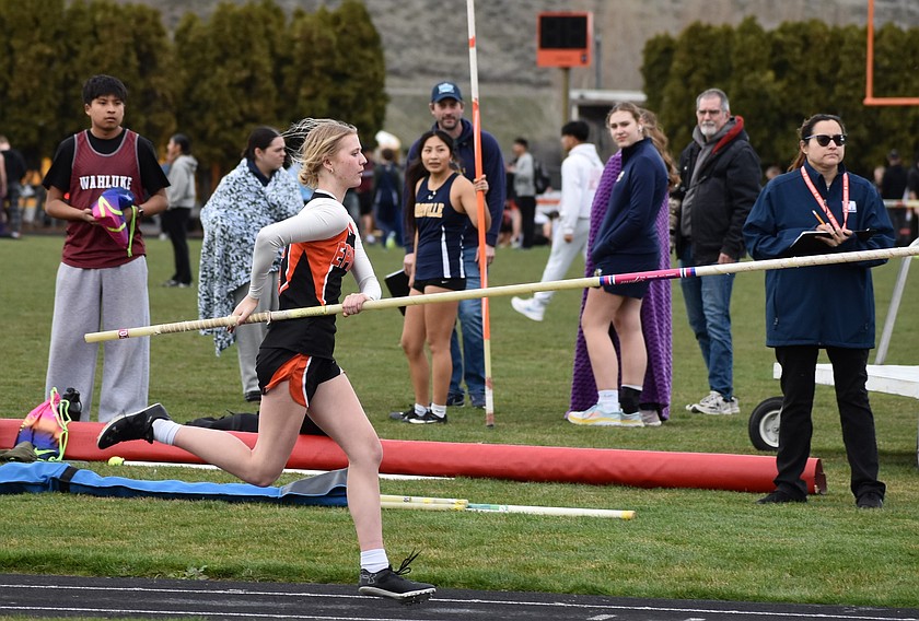 Alexis Edwards from the Tigers prepares to pole vault during a previous home track and field meet this season. Ephrata, along with Othello and Soap Lake, will head to MLHS this week to compete.