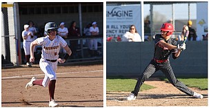 The Mavs’ Caitlin Decubber, left, runs toward first base while Tyler Suarez (3) steps up to bat for the Othello Huskies against the Quincy Jacks. Moses Lake softball and Othello baseball have earned strong positioning in their respective league standings.