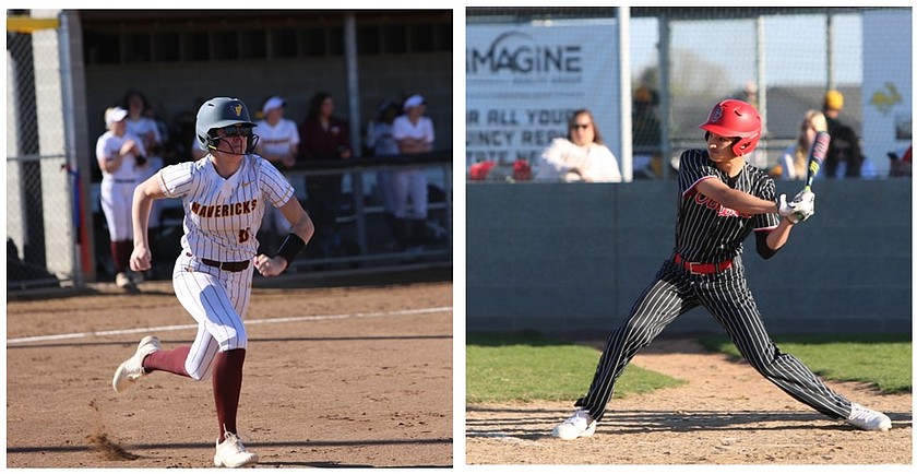 The Mavs’ Caitlin Decubber, left, runs toward first base while Tyler Suarez (3) steps up to bat for the Othello Huskies against the Quincy Jacks. Moses Lake softball and Othello baseball have earned strong positioning in their respective league standings.