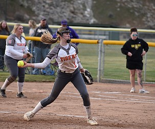 Sidney Chornuk (3) from the Tigers steps up to hurl a pitch during a previous home game this season.