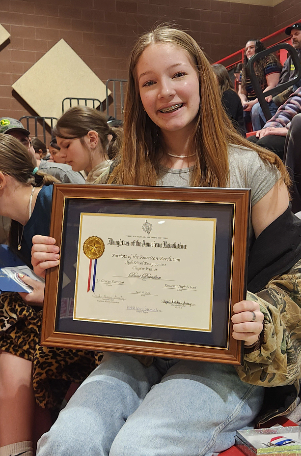Kootenai Junior/Senior High School freshman Dani Davidson was the winner of the Daughters of the American Revolution Lt. George Farragut Chapter Patriots of the American Revolution Essay Contest. She received the award April 10 during an assembly for her winning essay titled, “Hamilton’s Revolution.”