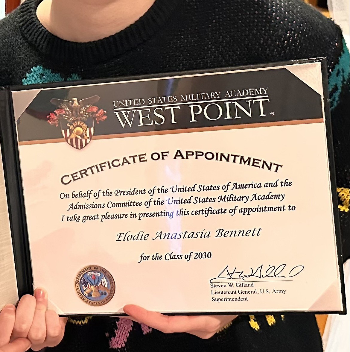 A close-up view of Élodie Bennett’s appointment certificate for the U.S. Military Academy West Point.