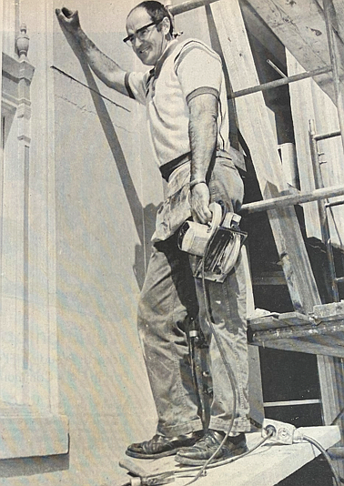Don Johnston works on a downtown building façade in April 1971.