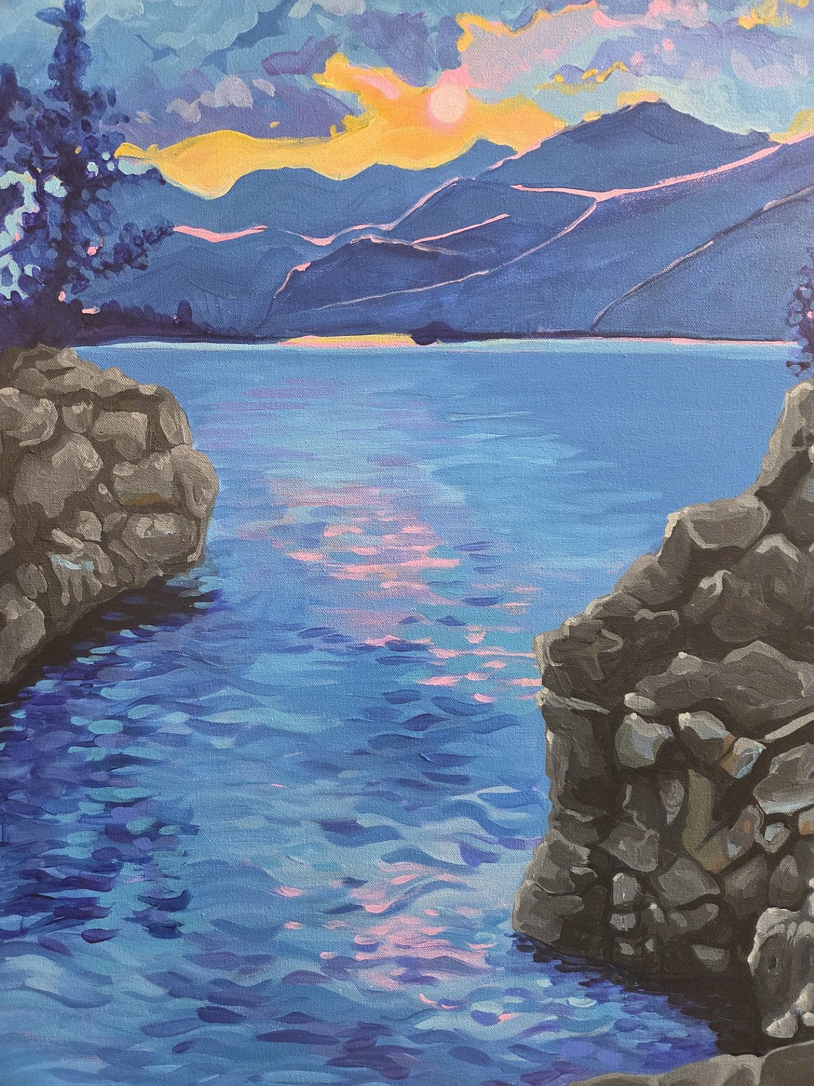 "Sunrise on Pend Orielle River," acrylic, by Rachael Lomas.