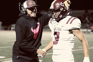 Moses Lake Mavericks Head Football Coach Kyler Haneberg, left, celebrates with former player Calin Dameron, right. Haneberg was named the new head coach Friday by Athletic Director Loren Sandhop.
