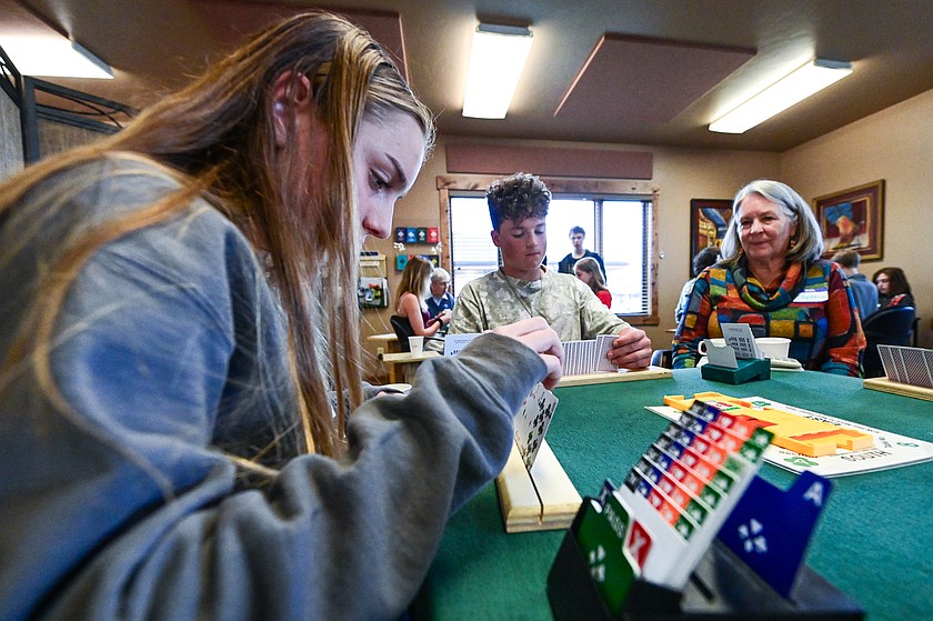 Kalispell Middle School eighth-graders in teacher Kelli Thomas' math class compete in a bridge tournament at Flathead Valley Bridge Center on Tuesday, April 28. (Casey Kreider/Daily Inter Lake)