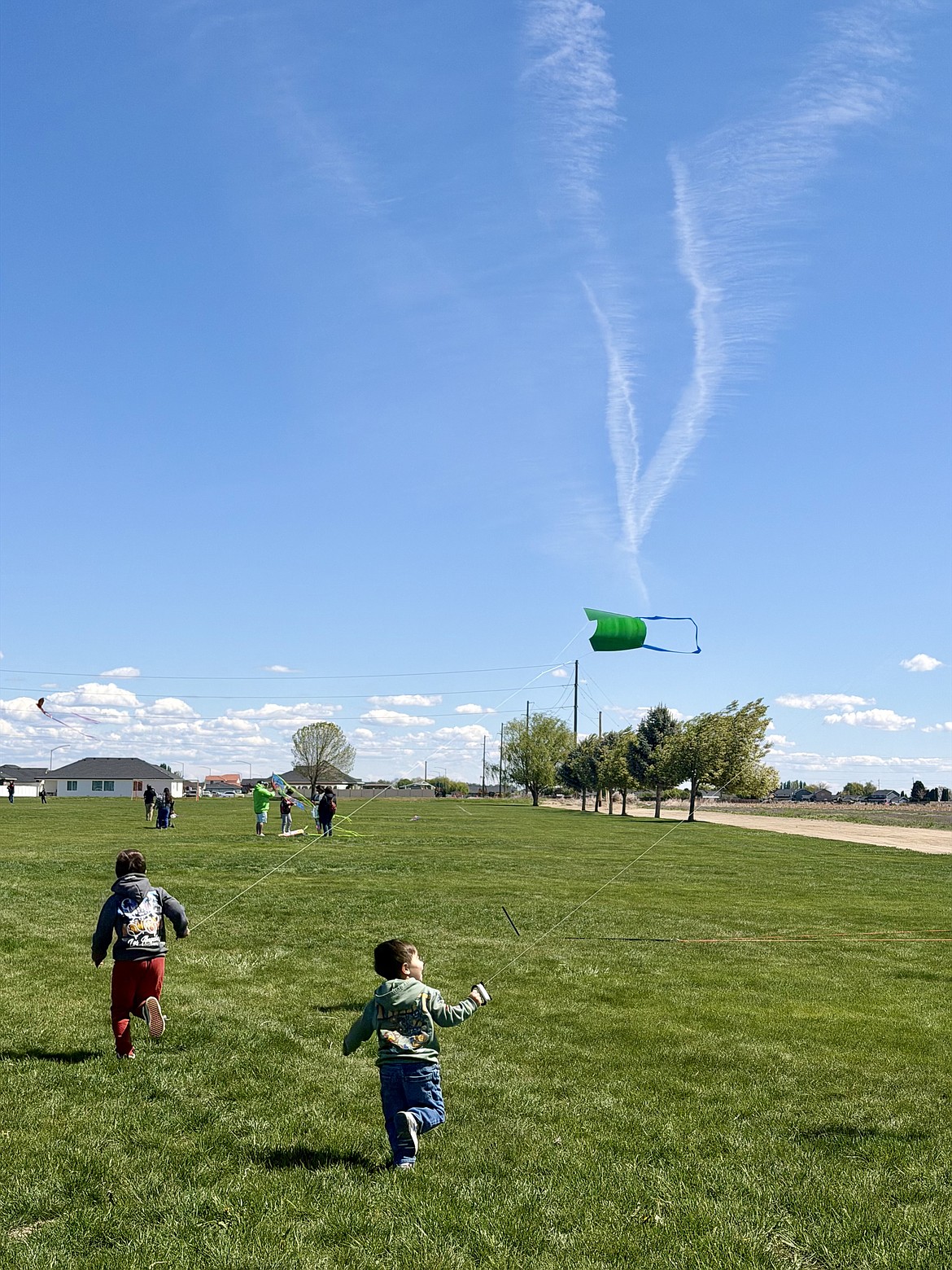 Two Kids & Kites Festival attendees try to catch wind with their plastic kites. Their speedy attempts were unsuccessful, and an adult ended up helping the two young attendees to get their kites floating.