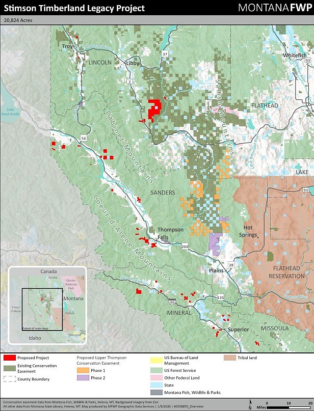 The proposed Stimson Lumber Company Conservation Easement includes 20,824 acres in Lincoln, Sanders and Mineral counties. (Courtesy of Montana Fish, Wildlife and Parks)